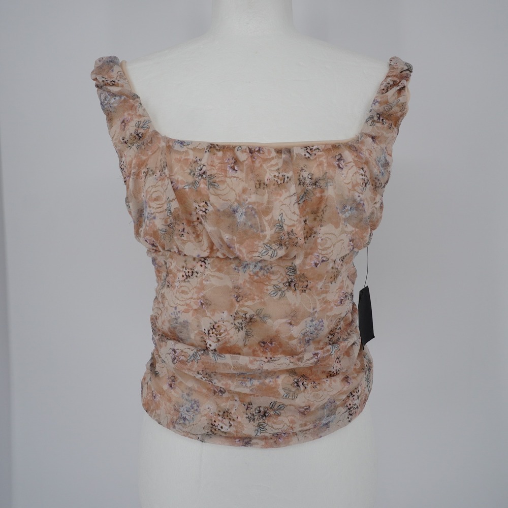 Lulus Floral Lace Mesh Ruched Top Large cottagecore Fairycore Coquette NEW